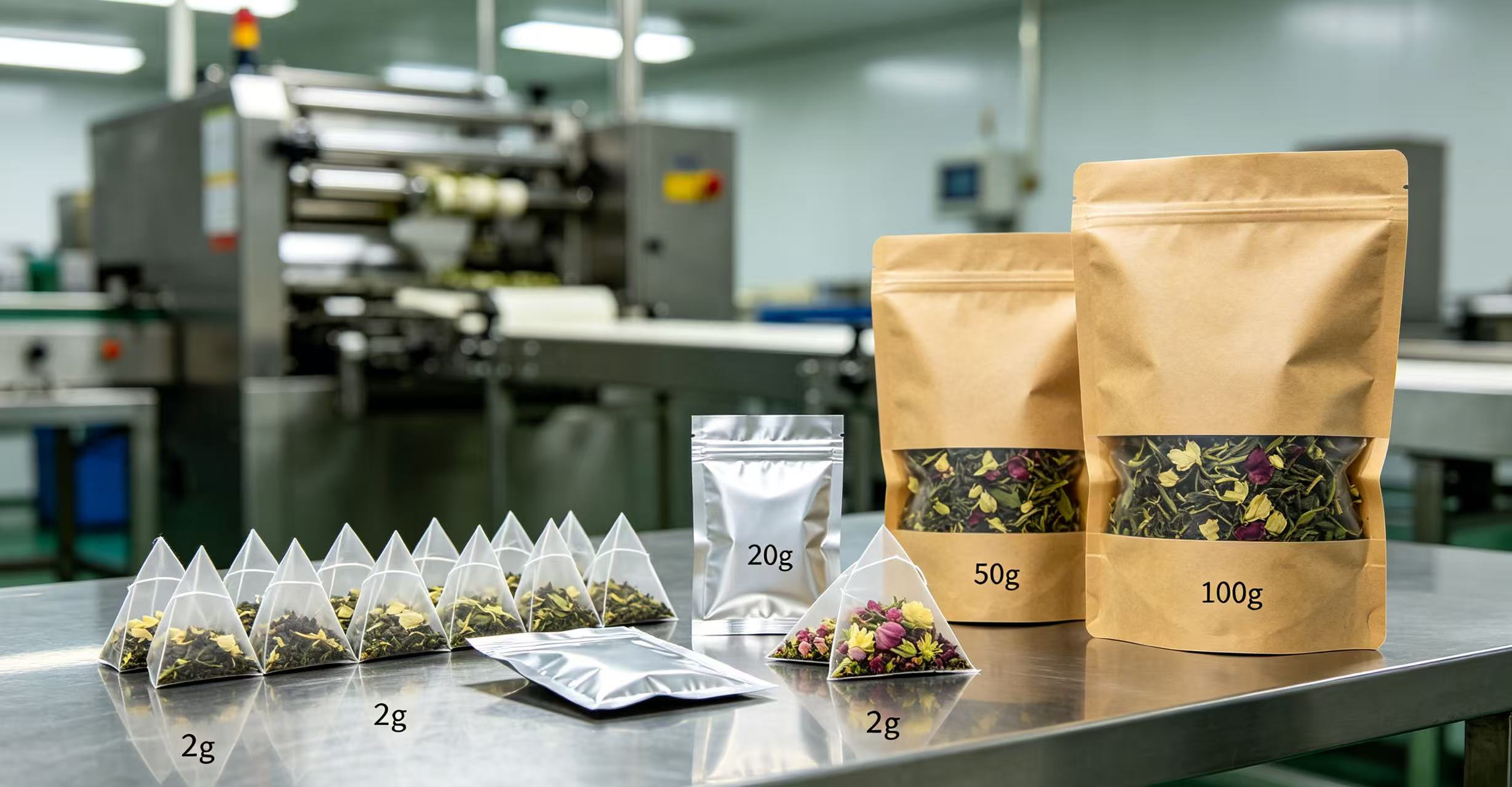 柔軟な重量調整により、高品質の 2g ～ 100g 茶計量機が混合バッチ製茶製造に適合します